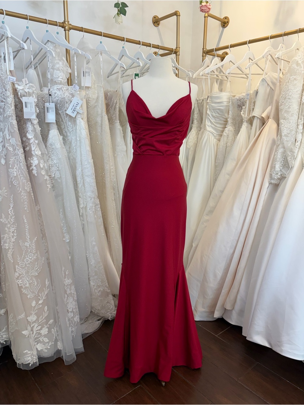 Bari Jay Deep Red Cowl Neck Satin Evening Gown